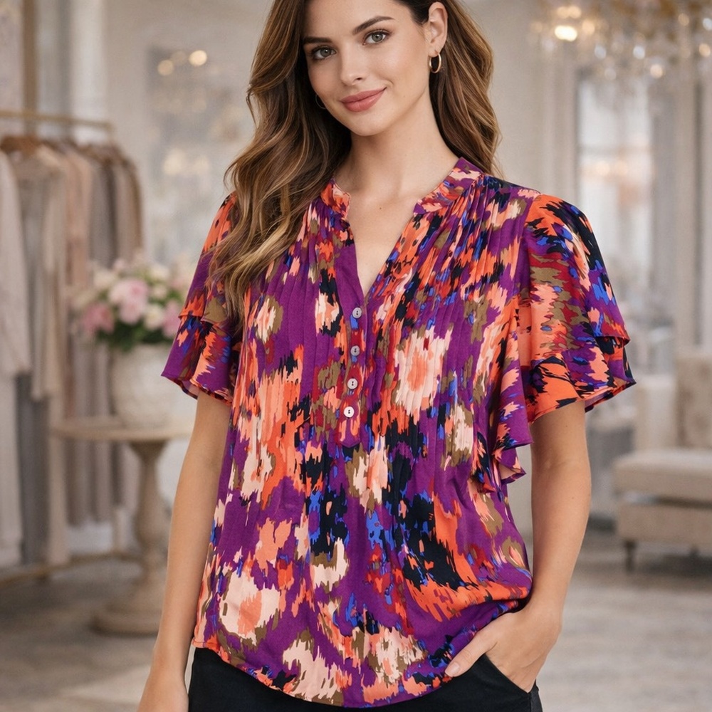 NWT Entro Pintuck Printed v-neck ruffle sleeve top women M blouse